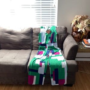 Iman brings you Tall,  Global Chic,w /green/white/multi navy sleeveless V neck.